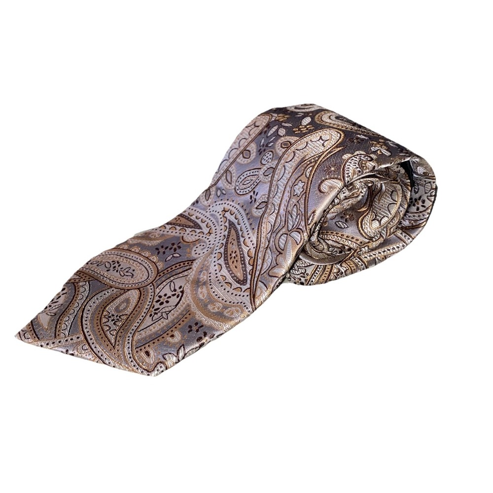 Roberto Villini Mens 100% Silk Necktie Paisley Tie‎ Gold&Ivory 58"x3.5"